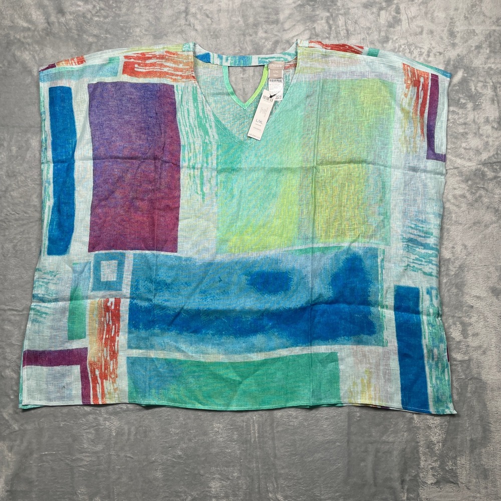 Chico's Poncho Top Women Multi Color 100% Linen Textural Blocks Abstract‎ L/XL